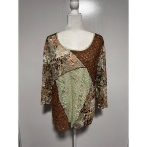 DressBarn Woman Patchwork Lace Sheer Long Sleeve Top Size 18 20 Brown Green